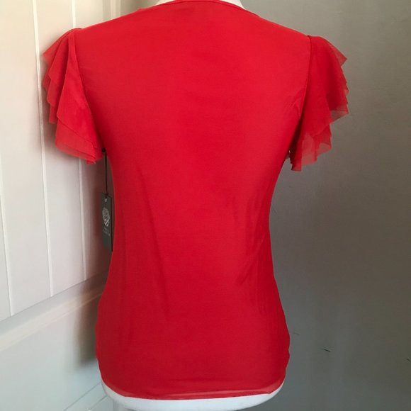 Vince Camuto Flutter Cap Sleeve Mesh Overlay Bright Coral V-Neck Top NWT Small - Picture 3 of 10